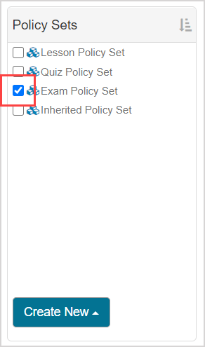 List of items with policy set icons and checkboxes under Policy Sets pane. One checkbox for an item in the list is checked.